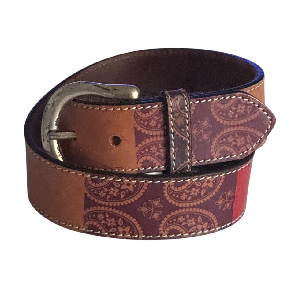 GAP Leather Belt Womens Size 28 Paisley Colorblock Patchwork Boho Gingham Floral